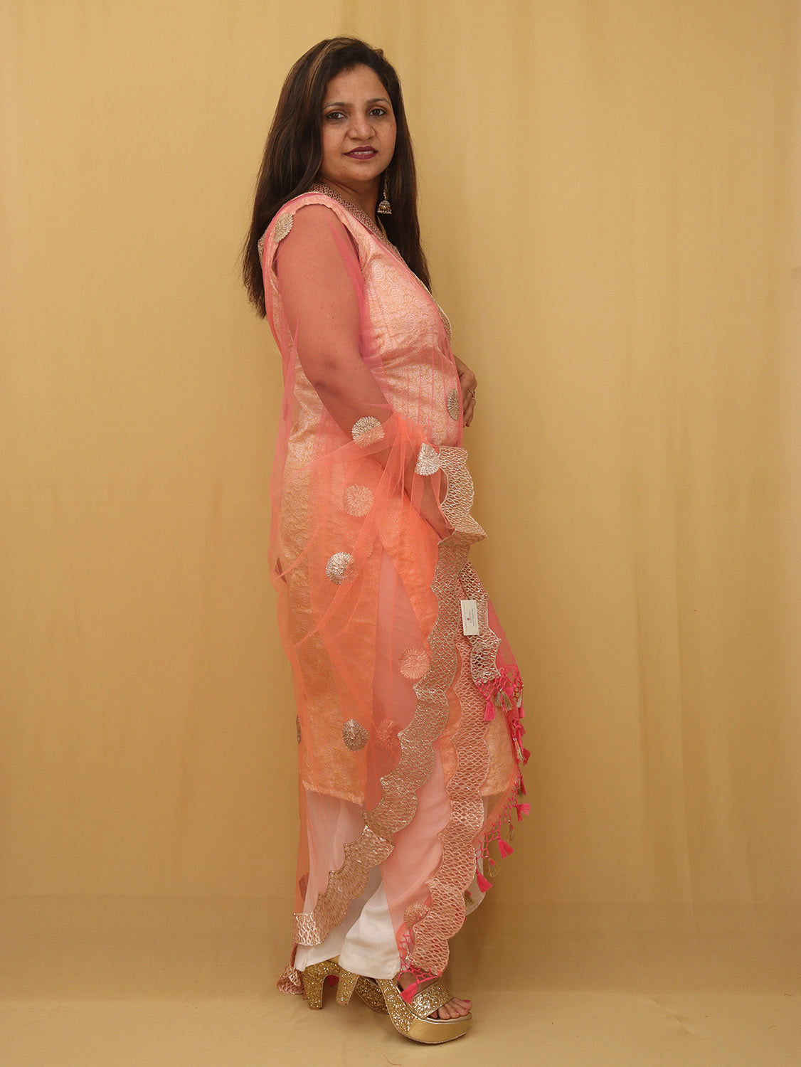 Pink And Orange Trendy Net Gota Work Dupatta - Luxurion World