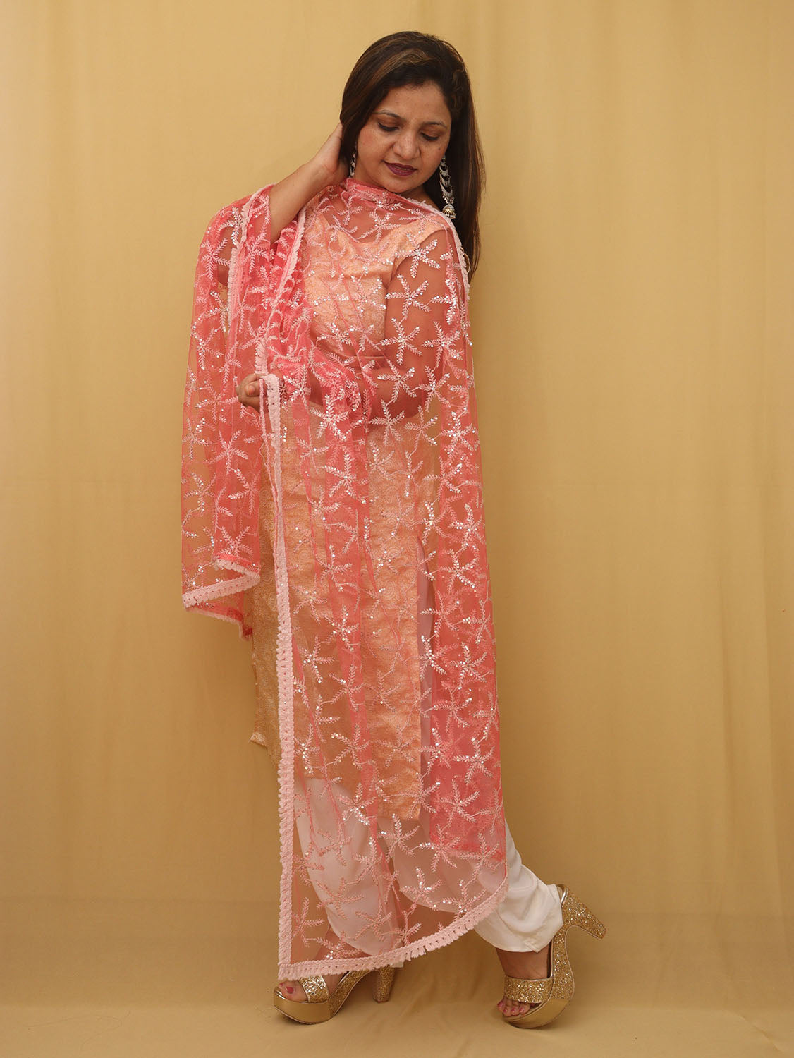 Pink Trendy Net Sequins Work Dupatta - Luxurion World