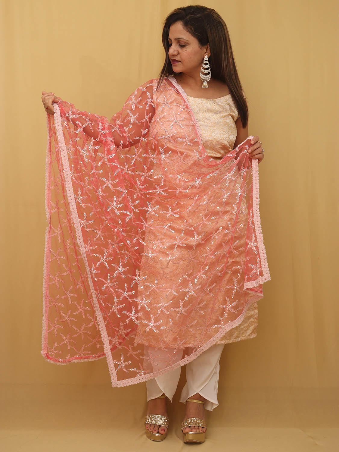 Pink Trendy Net Sequins Work Dupatta - Luxurion World