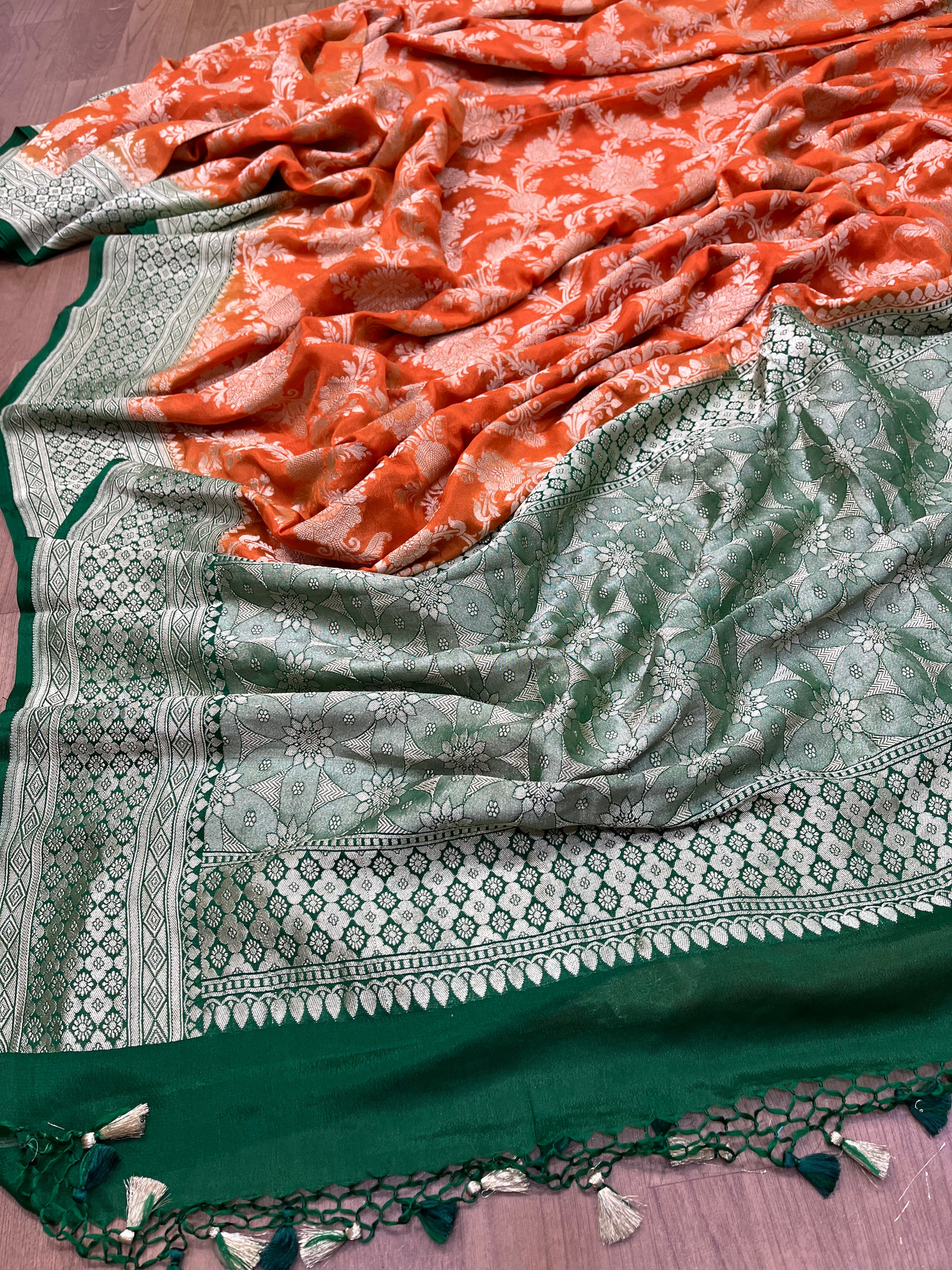 Orange Handloom Banarasi Pure Georgette Saree - Luxurion World
