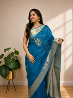 Blue Handloom Banarasi Pure Tissue Silk Embroidered Saree