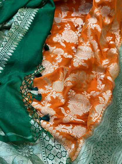 Orange Handloom Banarasi Pure Georgette Saree - Luxurion World