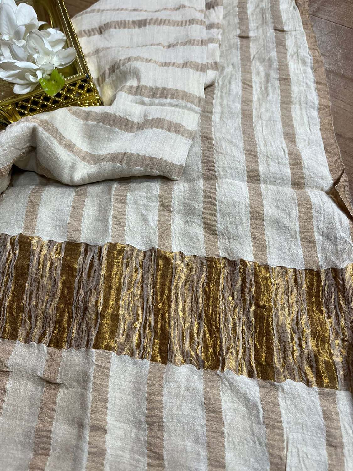 Dyeable Banarasi Handloom Pure Moonga Silk Stripes Design Dupatta - Luxurion World