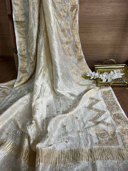 Dyeable Banarasi Handloom Pure Chiffon Crushed Booti Design Dupatta - Luxurion World