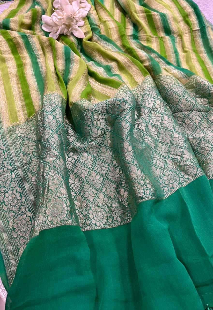 Green Banarasi Handloom Pure Chiffon Georgette Dupatta