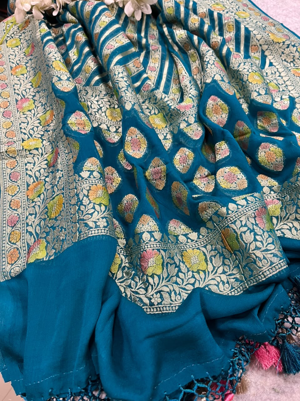 Blue Banarasi Handloom Pure Chiffon Georgette Dupatta