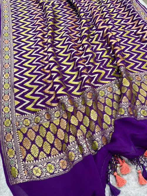 Purple Banarasi Handloom Pure Chiffon Georgette Dupatta