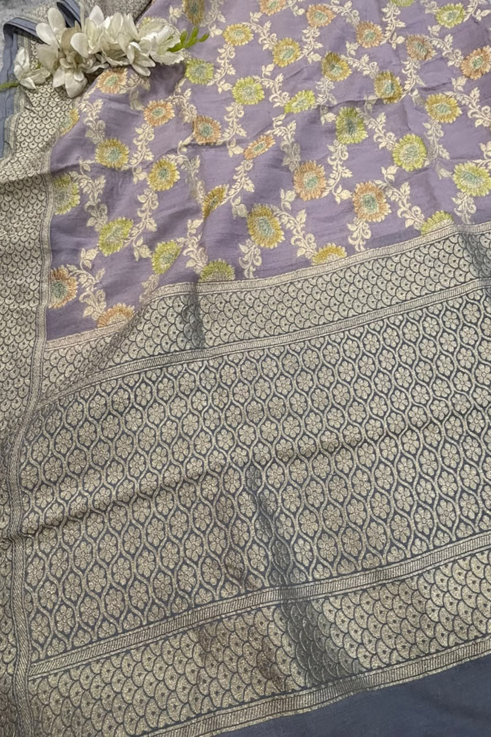 AD1B1AL426101501 Grey Banarasi Handloom Pure Moonga Silk Brush Dye Dupatta