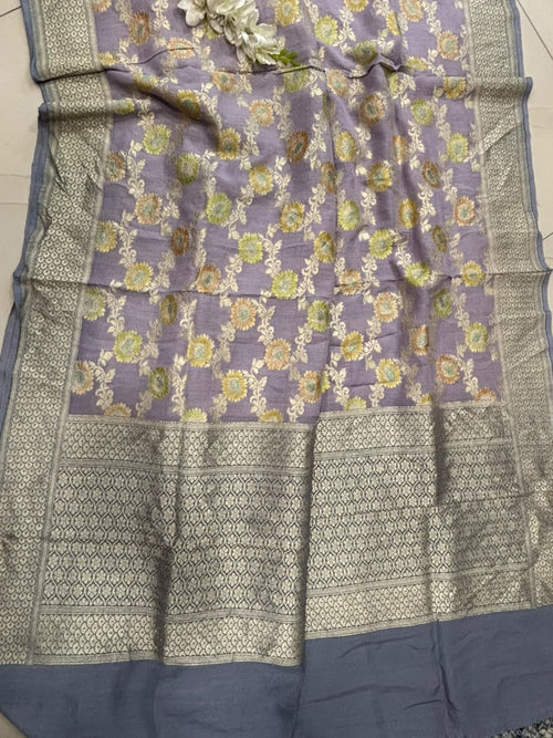 AD1B1AL426101501 Grey Banarasi Handloom Pure Moonga Silk Brush Dye Dupatta