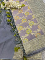 AD1B1AL426101501 Grey Banarasi Handloom Pure Moonga Silk Brush Dye Dupatta