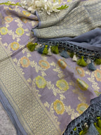 AD1B1AL426101501 Grey Banarasi Handloom Pure Moonga Silk Brush Dye Dupatta