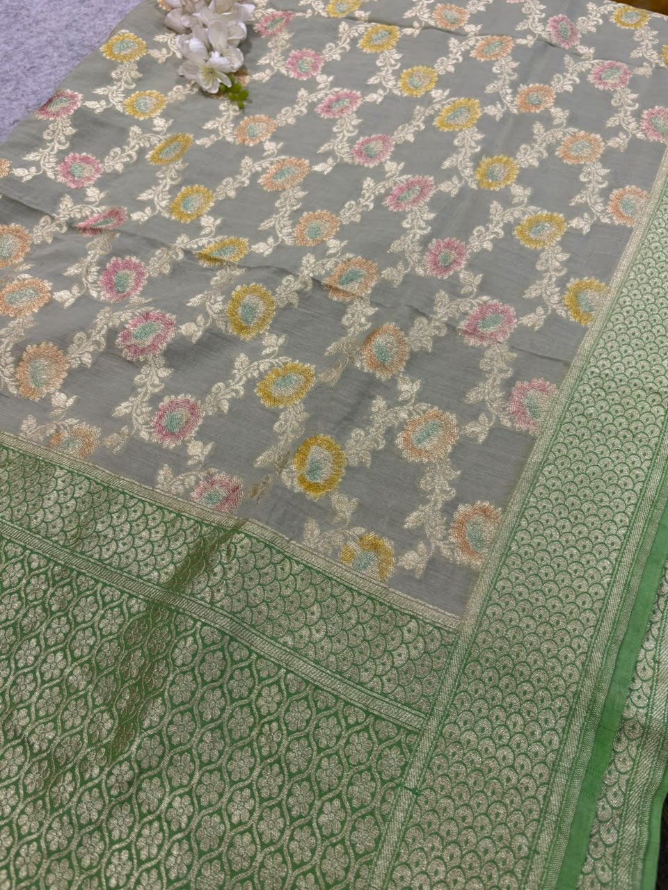 AD1B1AL426101503 Grey Banarasi Handloom Pure Moonga Silk Brush Dye Dupatta