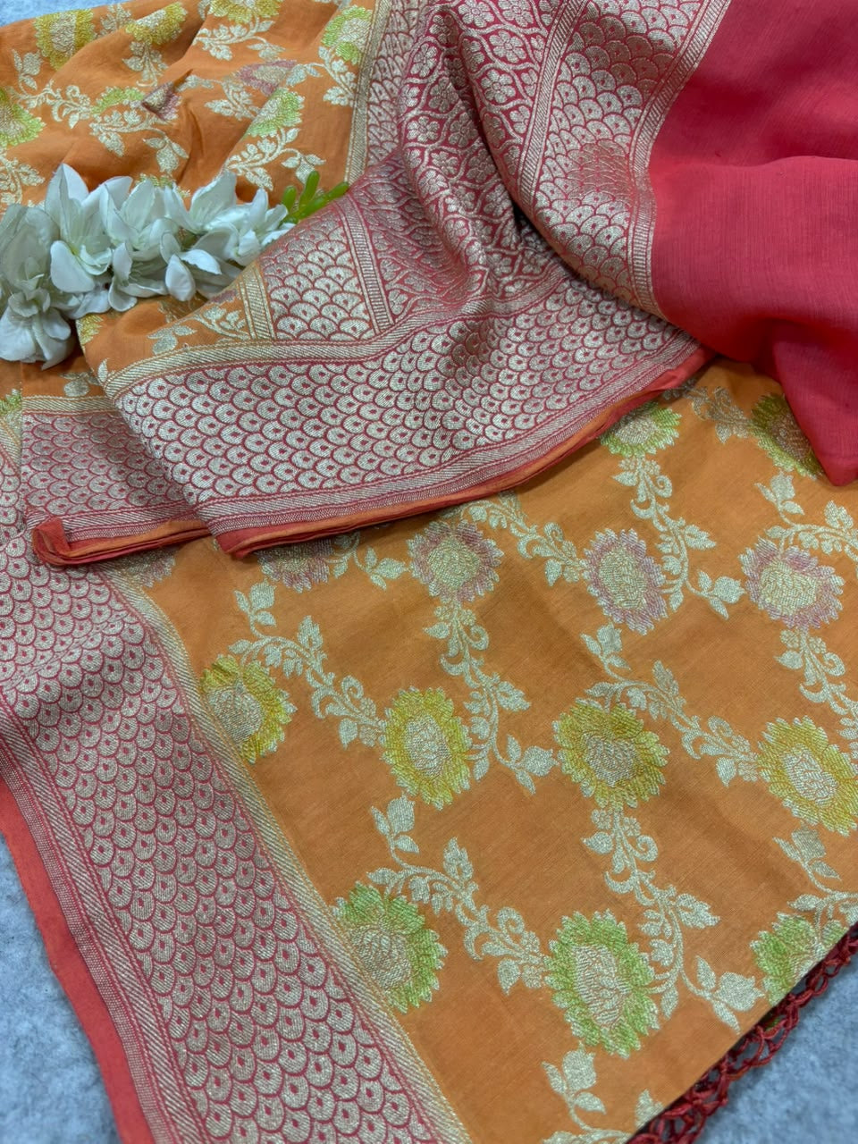 AD1B1AL426101504 Orange Banarasi Handloom Pure Moonga Silk Brush Dye Dupatta