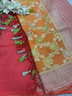 AD1B1AL426101504 Orange Banarasi Handloom Pure Moonga Silk Brush Dye Dupatta