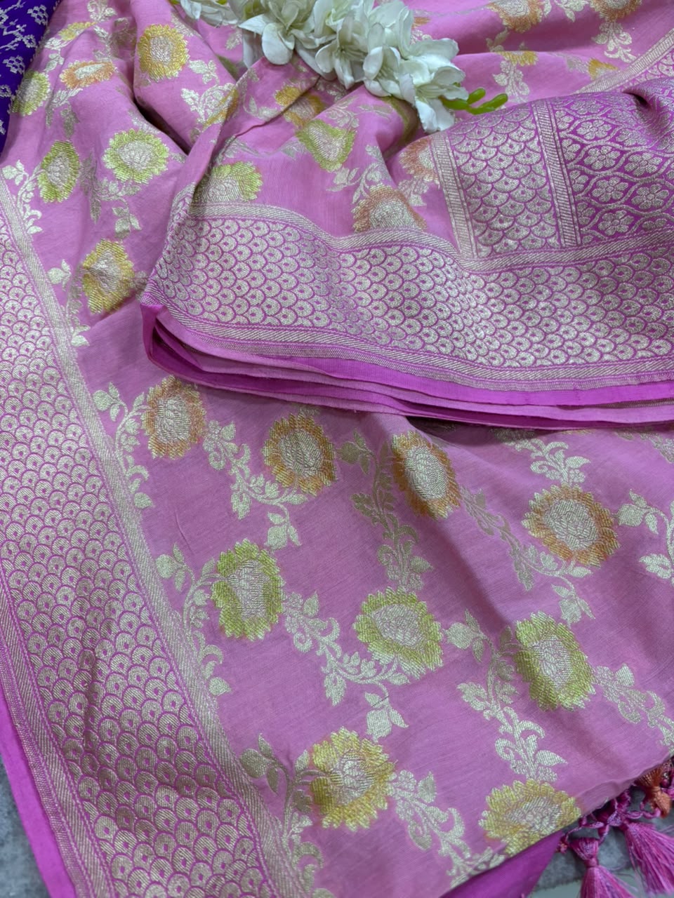 AD1B1AL426101506 Pink Banarasi Handloom Pure Moonga Silk Brush Dye Dupatta