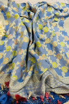 AD1B1AL426101509 Blue Banarasi Handloom Pure Moonga Silk Brush Dye Dupatta