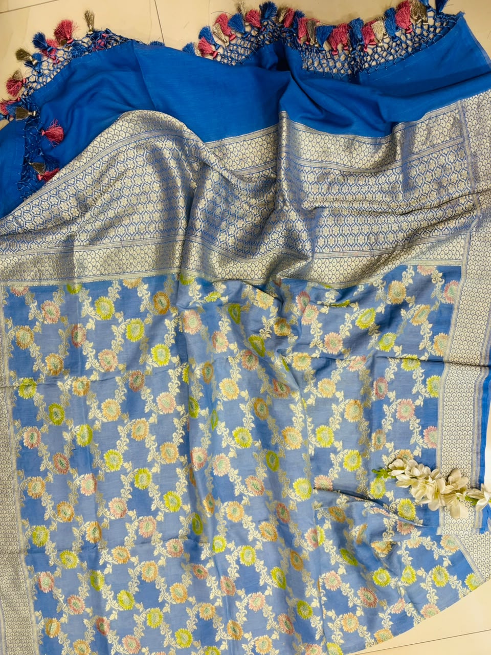 AD1B1AL426101509 Blue Banarasi Handloom Pure Moonga Silk Brush Dye Dupatta