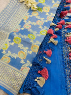 AD1B1AL426101509 Blue Banarasi Handloom Pure Moonga Silk Brush Dye Dupatta