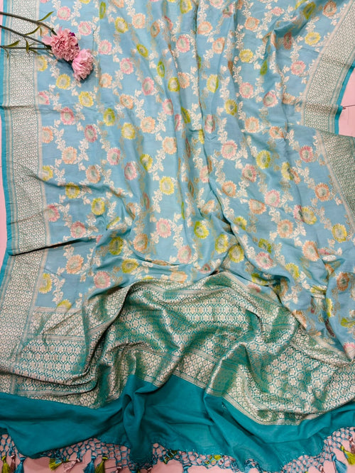 AD1B1AL426101510 Blue Banarasi Handloom Pure Moonga Silk Brush Dye Dupatta