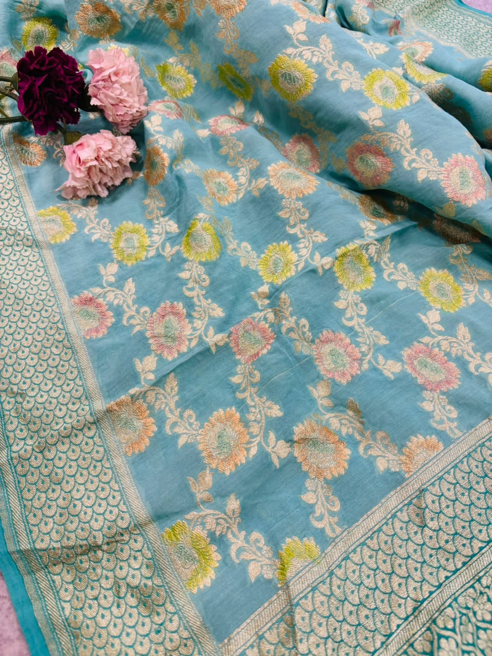 AD1B1AL426101510 Blue Banarasi Handloom Pure Moonga Silk Brush Dye Dupatta