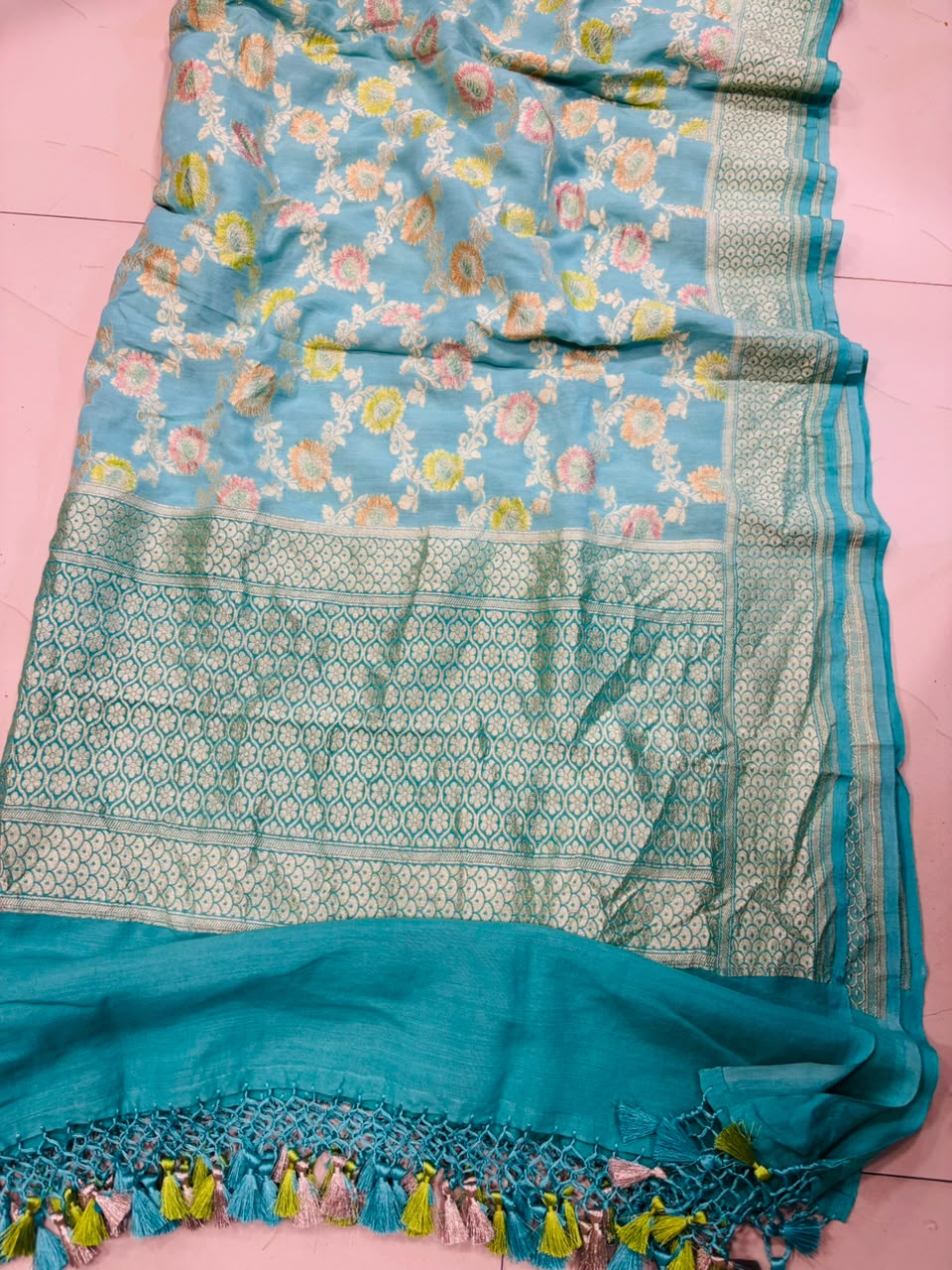 AD1B1AL426101510 Blue Banarasi Handloom Pure Moonga Silk Brush Dye Dupatta
