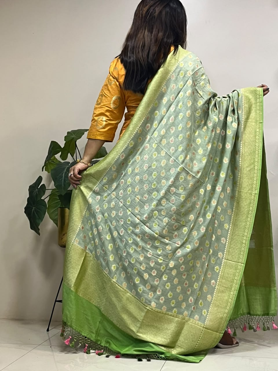 Green Banarasi Handloom Pure Moonga Silk Brush Dye Dupatta