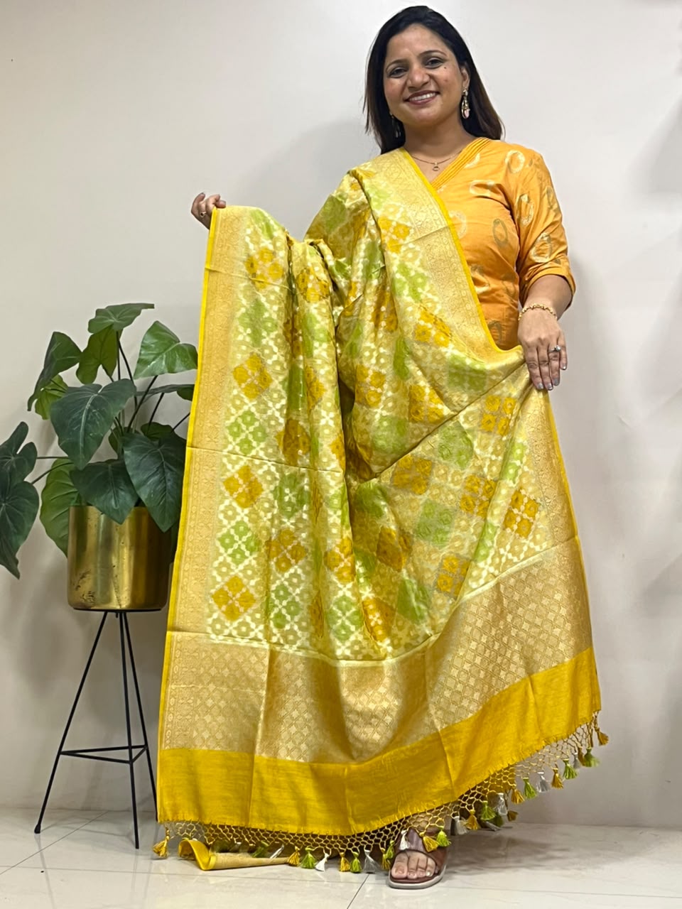 Yellow Banarasi Handloom Pure Moonga Silk Brush Dye Dupatta