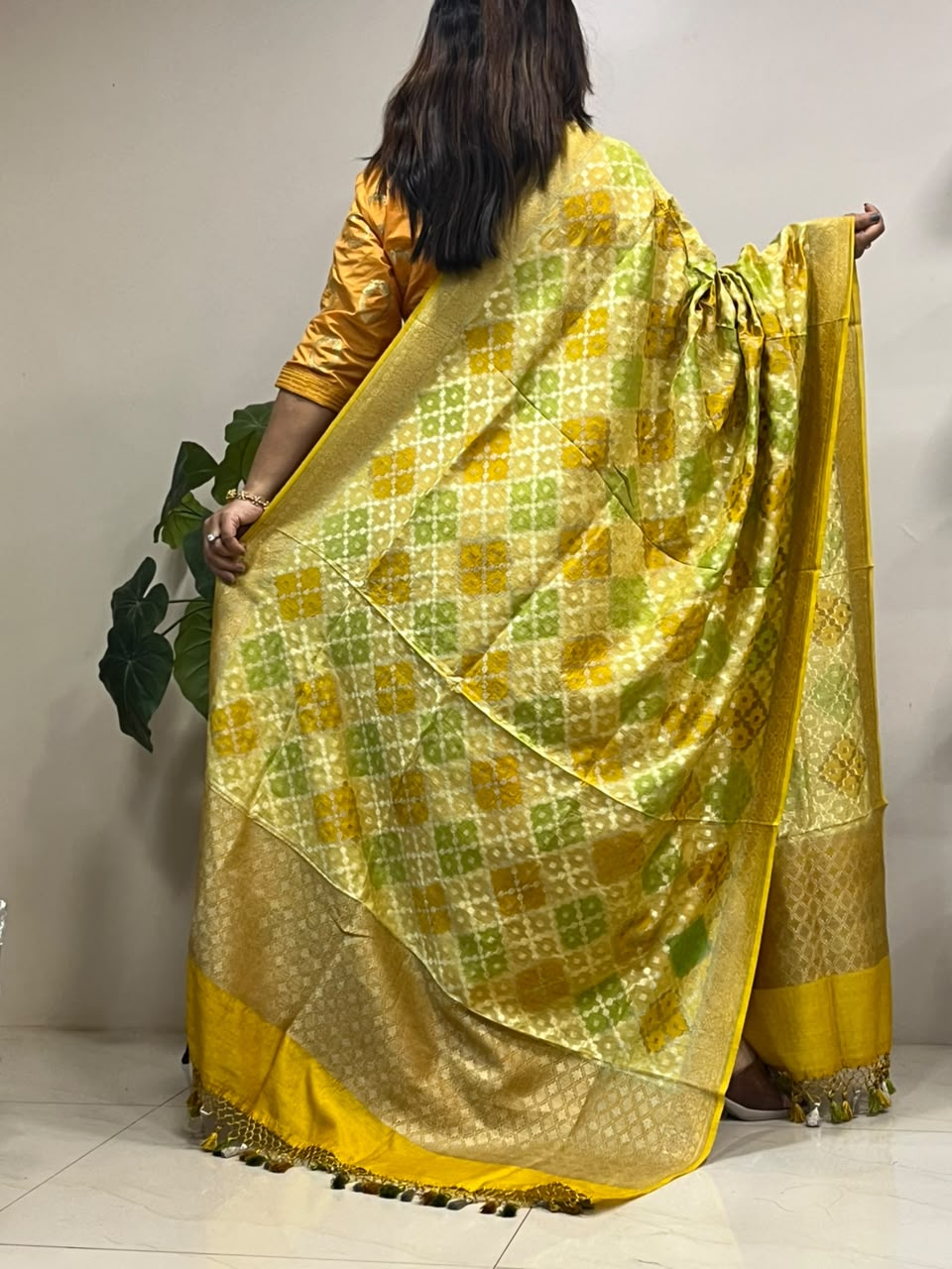 Yellow Banarasi Handloom Pure Moonga Silk Brush Dye Dupatta