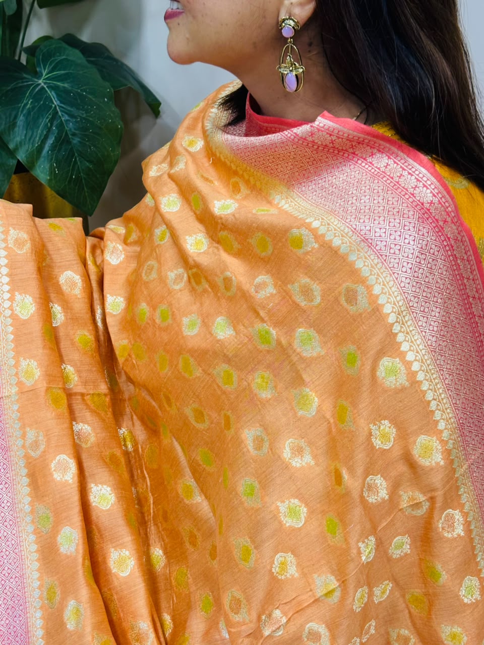 Orange Banarasi Handloom Pure Moonga Silk Brush Dye Dupatta
