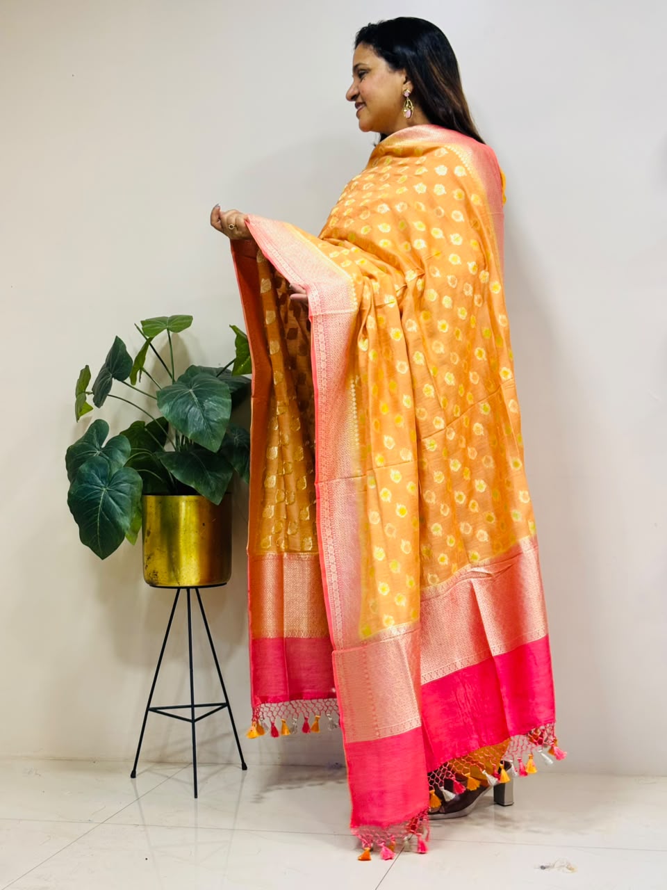 Orange Banarasi Handloom Pure Moonga Silk Brush Dye Dupatta