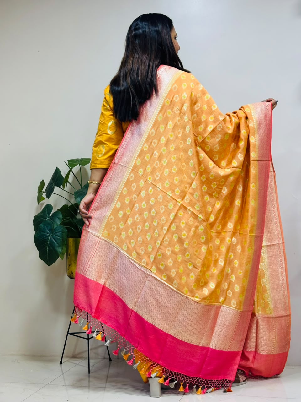 Orange Banarasi Handloom Pure Moonga Silk Brush Dye Dupatta