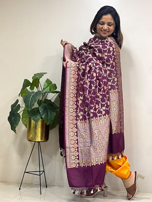 Wine Banarasi Handloom Pure Moonga Silk Brush Dye Dupatta