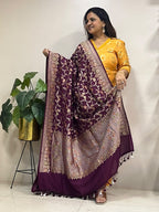 Wine Banarasi Handloom Pure Moonga Silk Brush Dye Dupatta