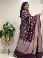 Wine Banarasi Handloom Pure Moonga Silk Brush Dye Dupatta