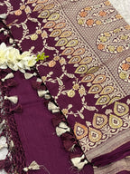 Wine Banarasi Handloom Pure Moonga Silk Brush Dye Dupatta