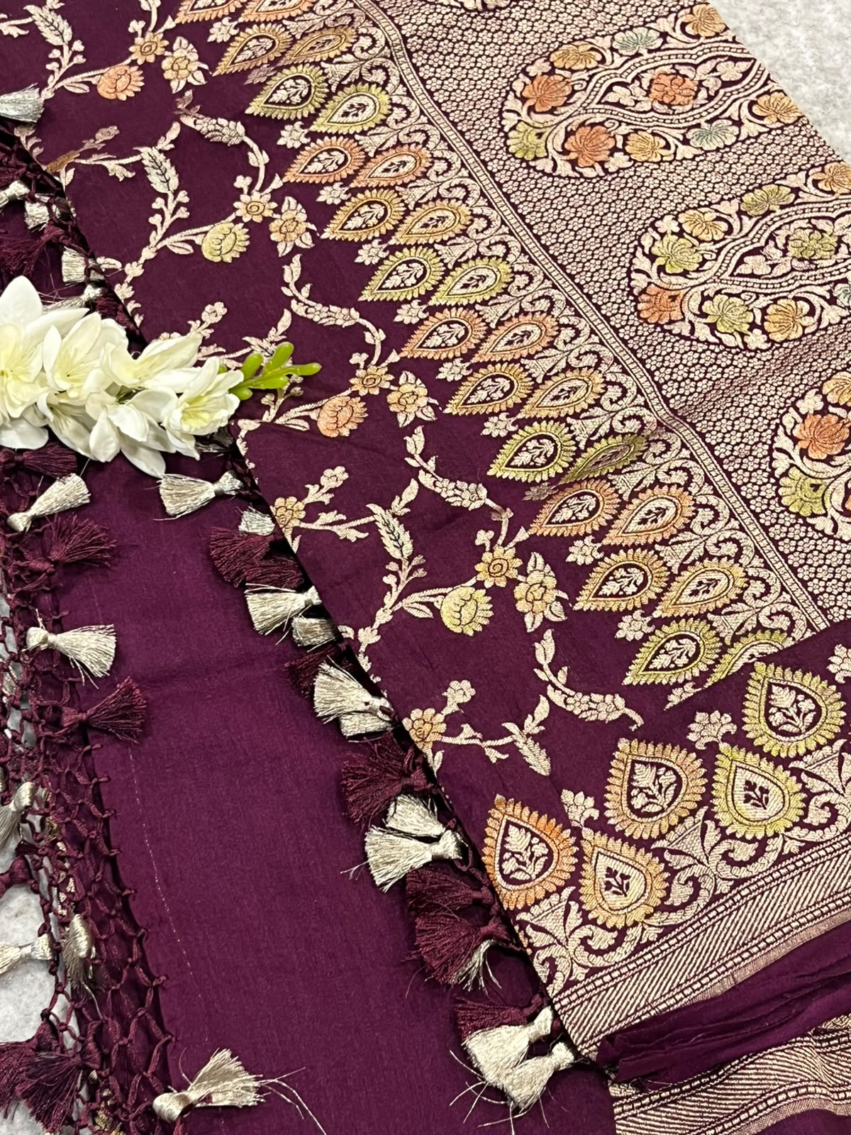 Wine Banarasi Handloom Pure Moonga Silk Brush Dye Dupatta