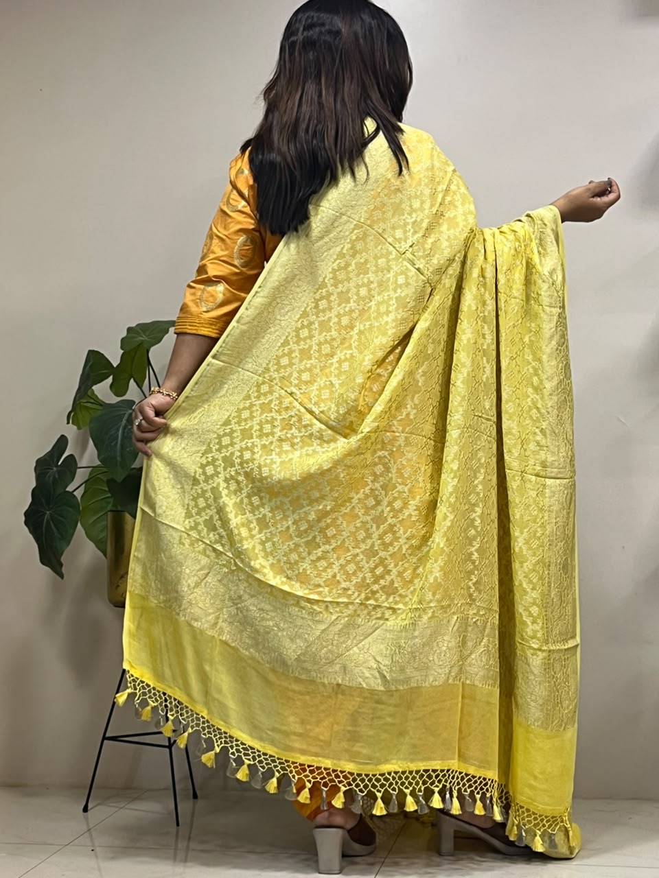 Yellow Banarasi Handloom Pure Moonga Silk Brush Dye Dupatta