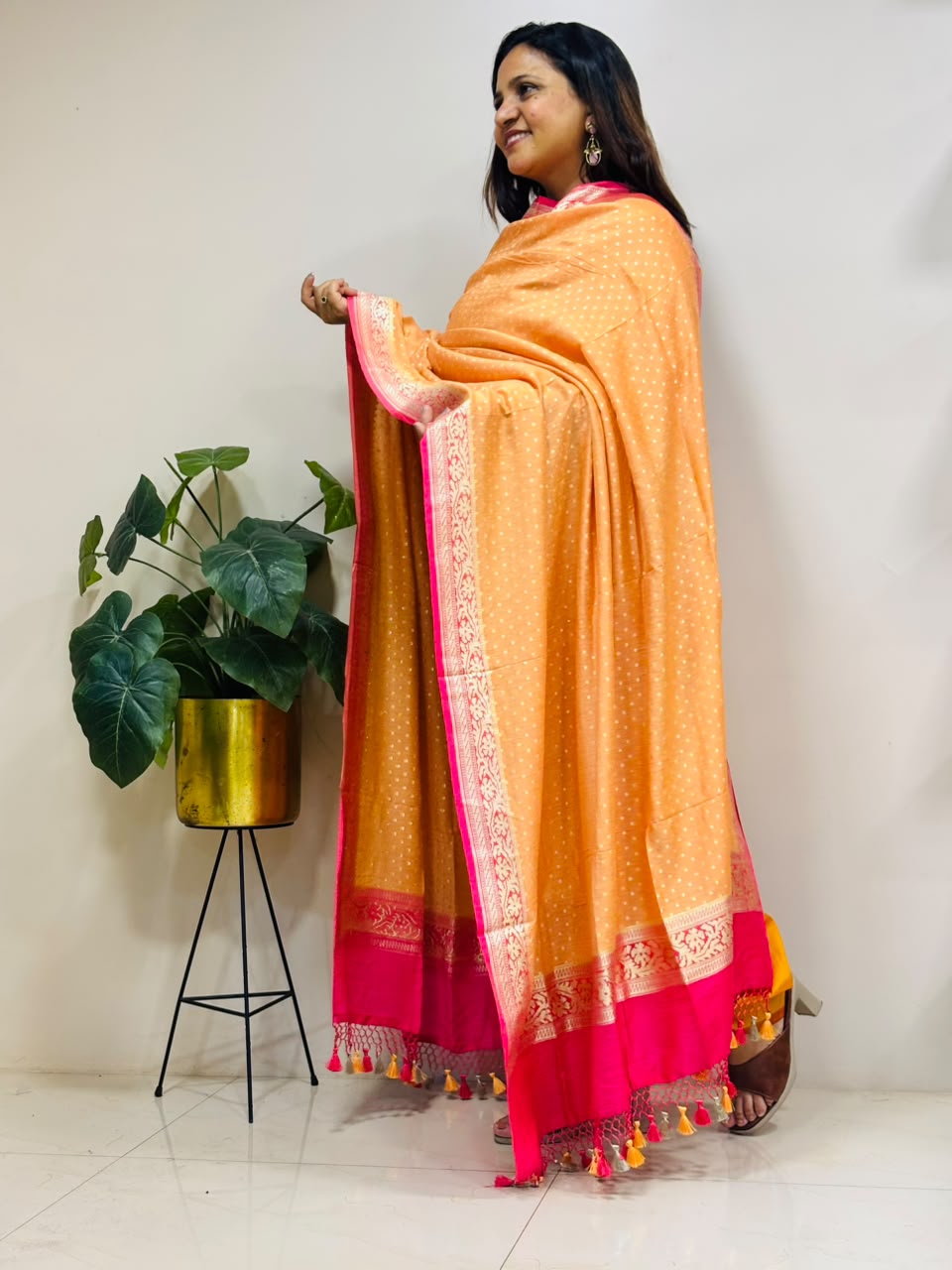Orange Banarasi Handloom Pure Moonga Silk Brush Dye Dupatta