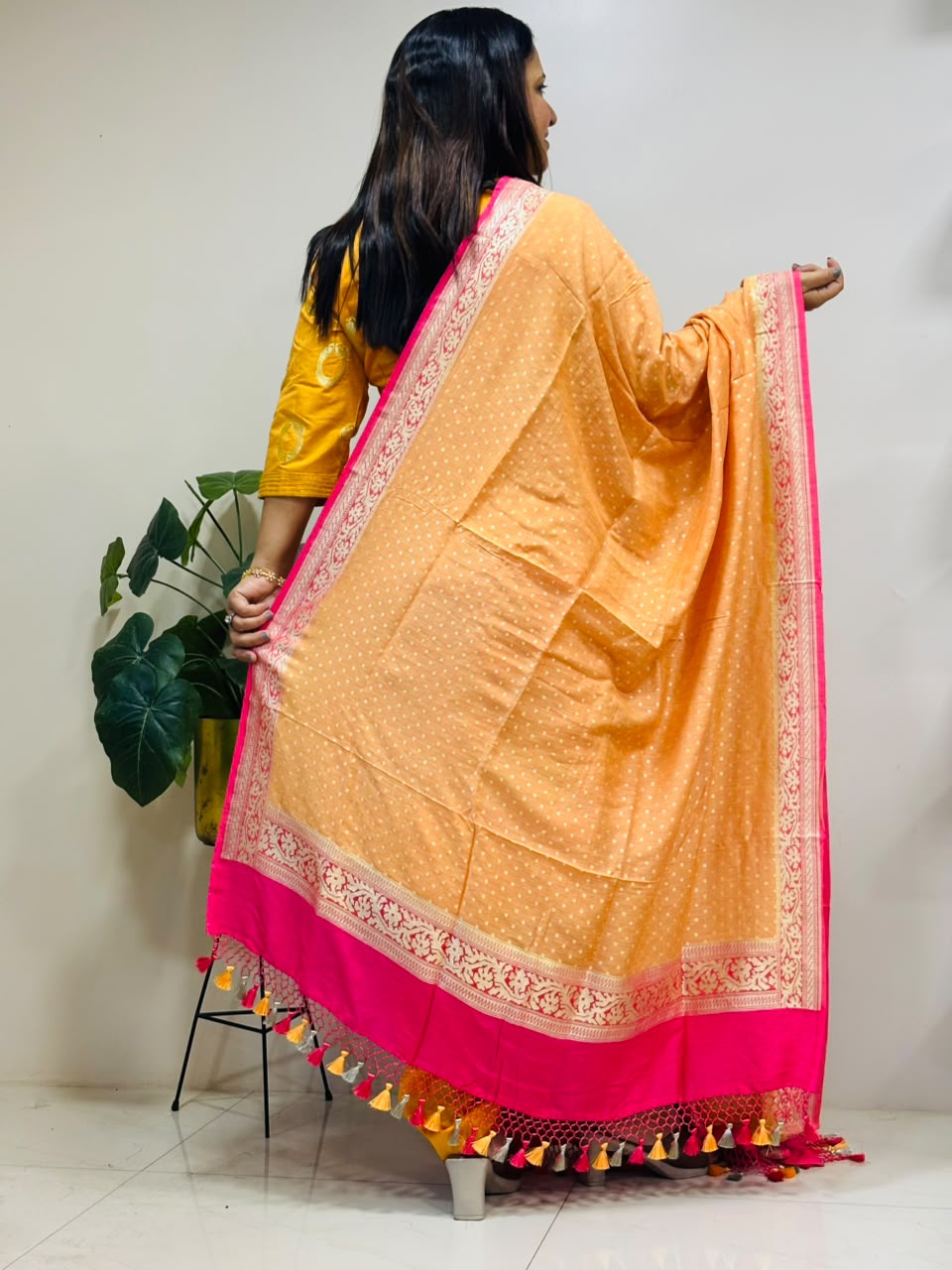 Orange Banarasi Handloom Pure Moonga Silk Brush Dye Dupatta