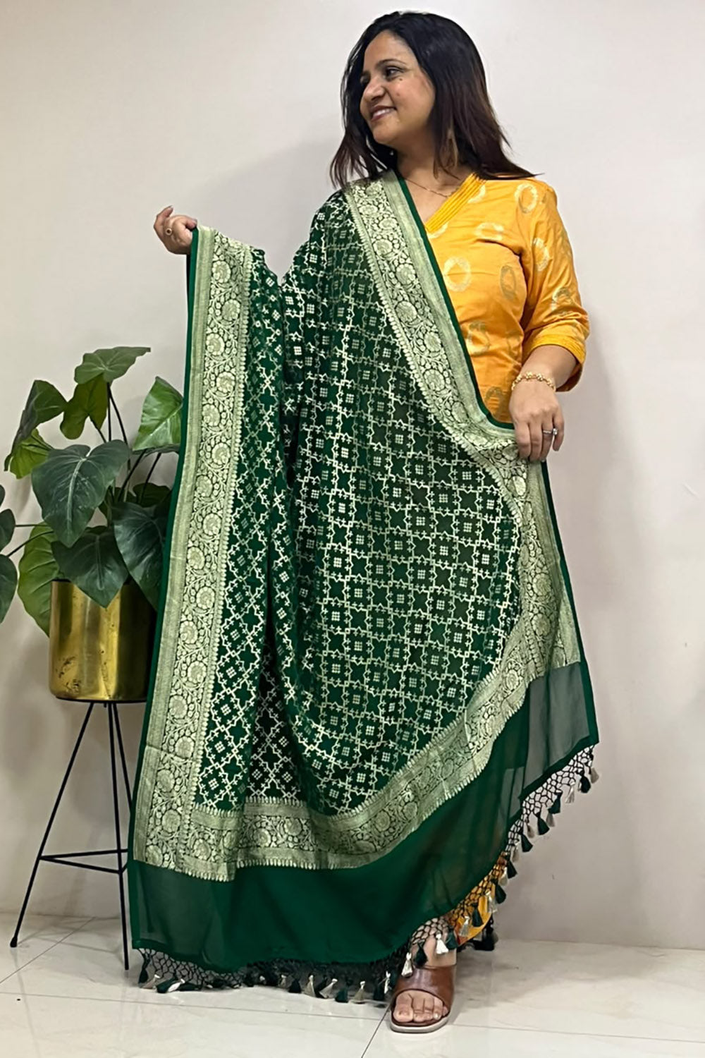 Green Banarasi Handloom Pure Chiffon Georgette Dupatta