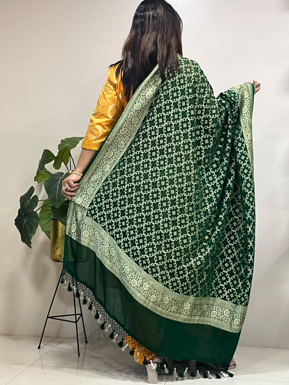 Green Banarasi Handloom Pure Chiffon Georgette Dupatta