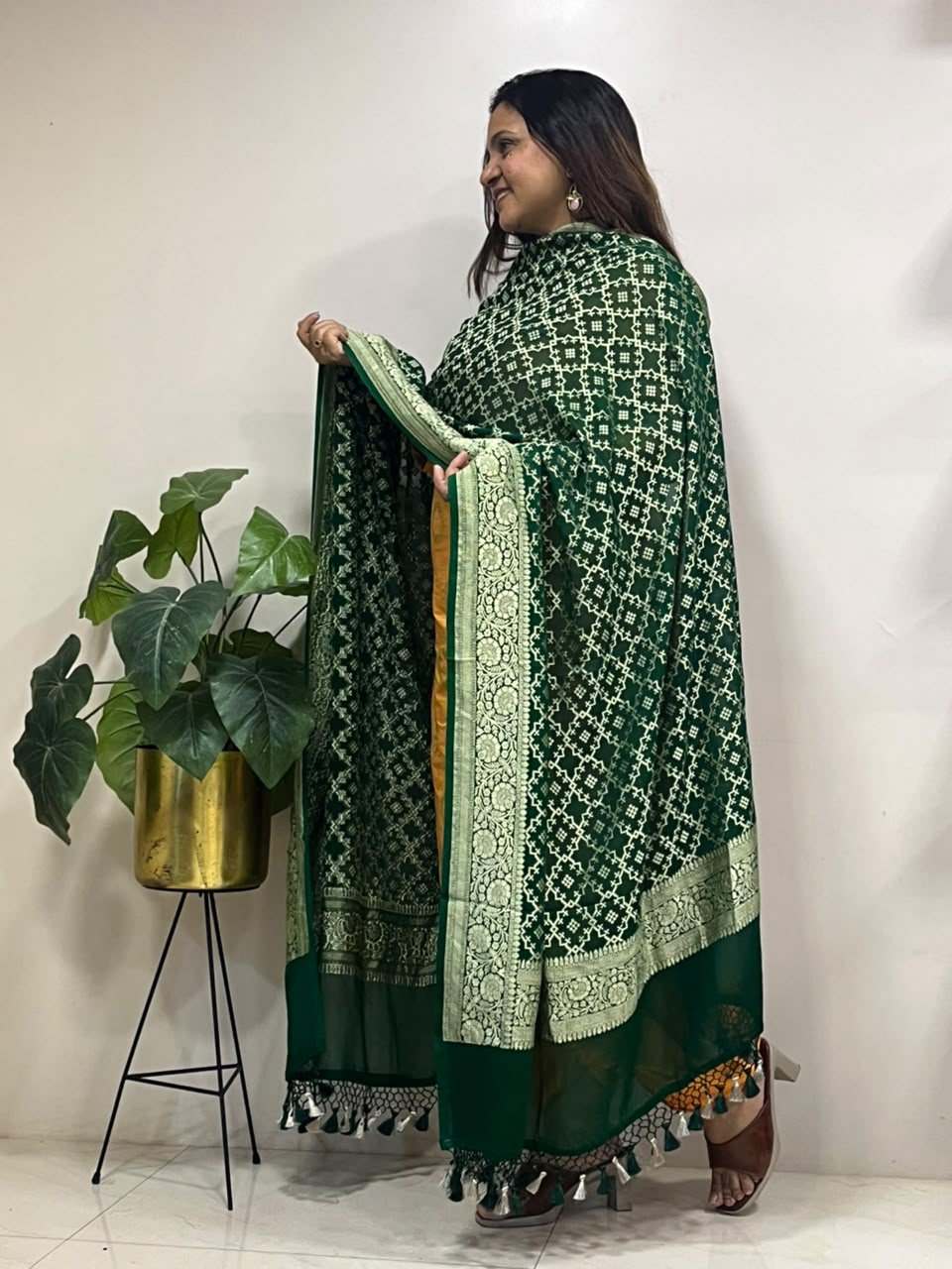 Green Banarasi Handloom Pure Chiffon Georgette Dupatta