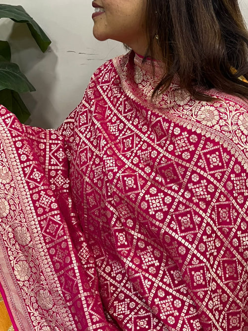 Pink Banarasi Handloom Pure Chiffon Georgette Dupatta