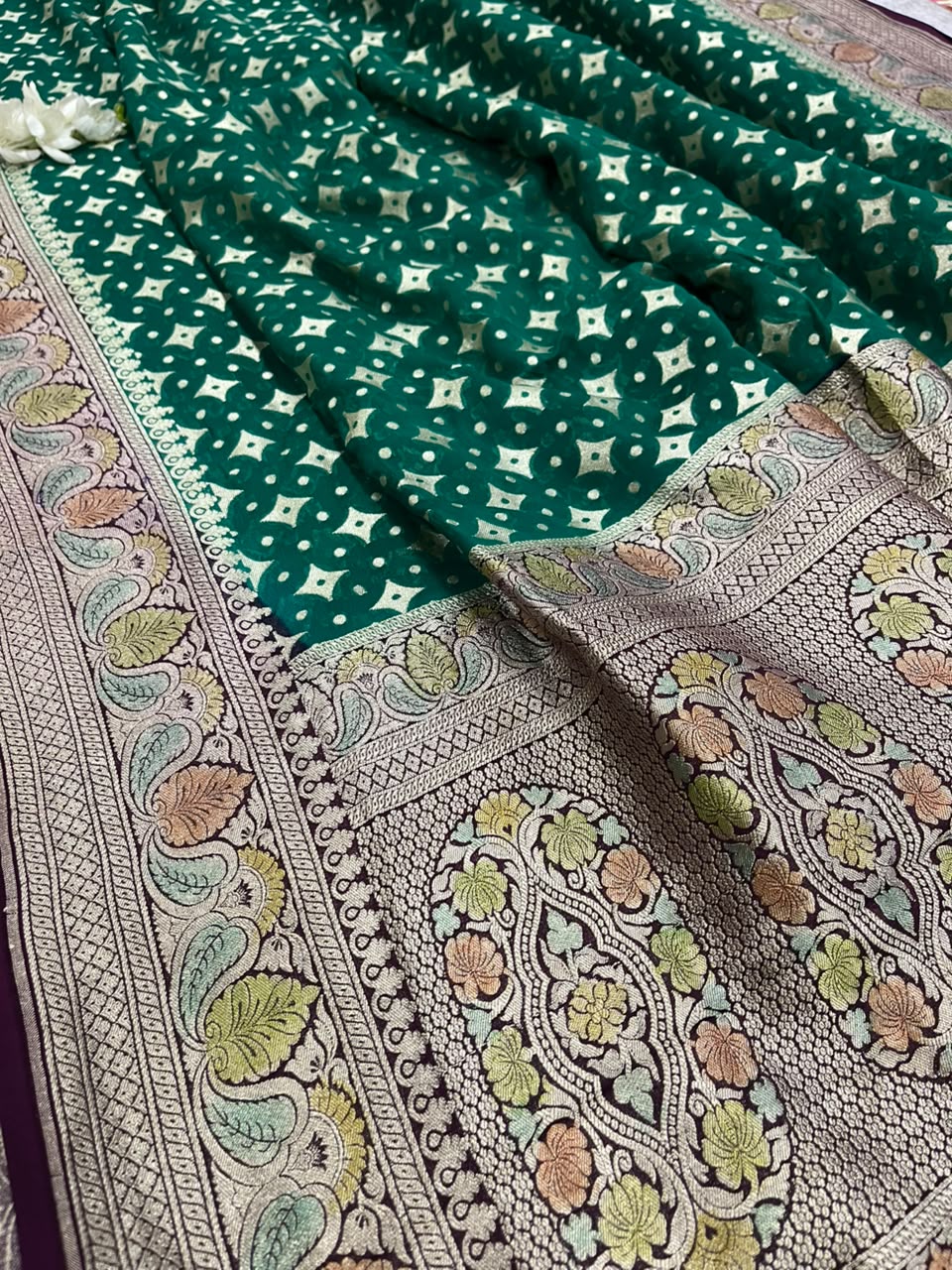 Green Banarasi Handloom Pure Chiffon Georgette Dupatta