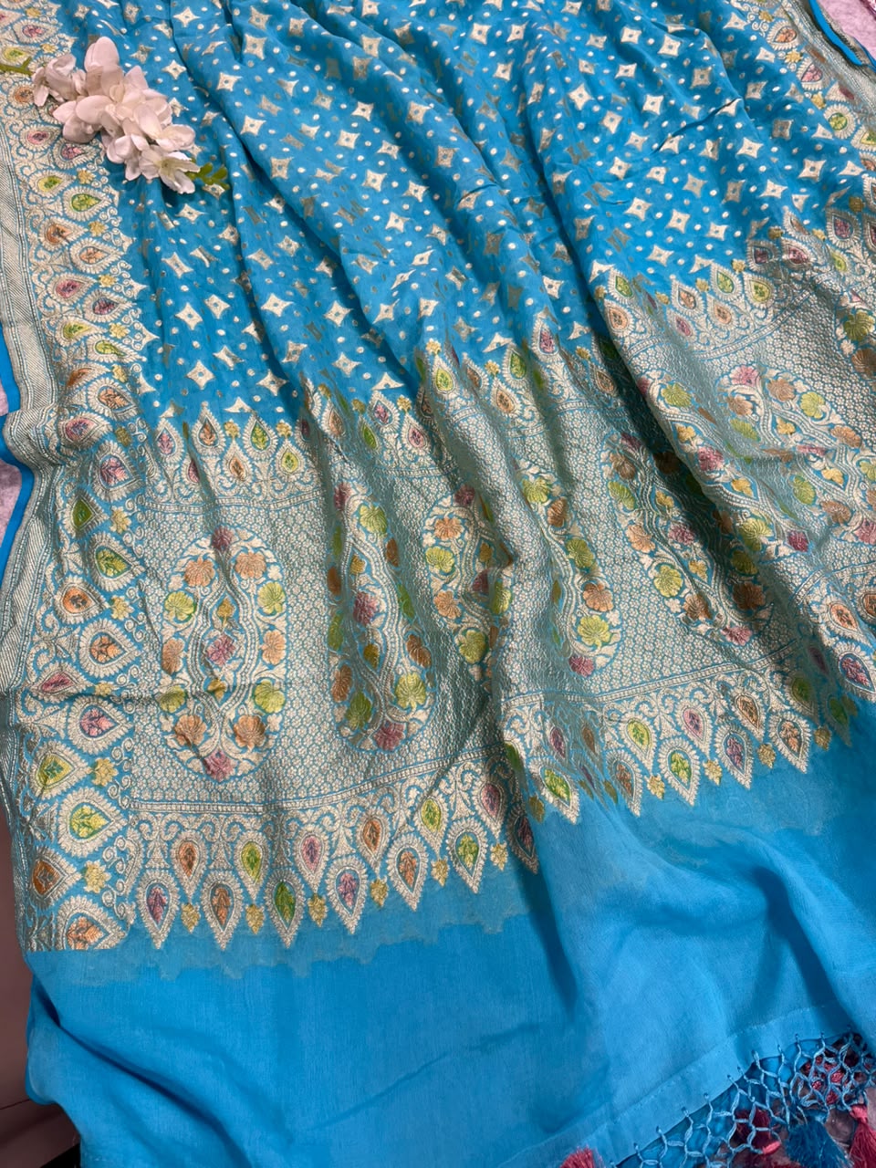 Blue Banarasi Handloom Pure Chiffon Georgette Dupatta