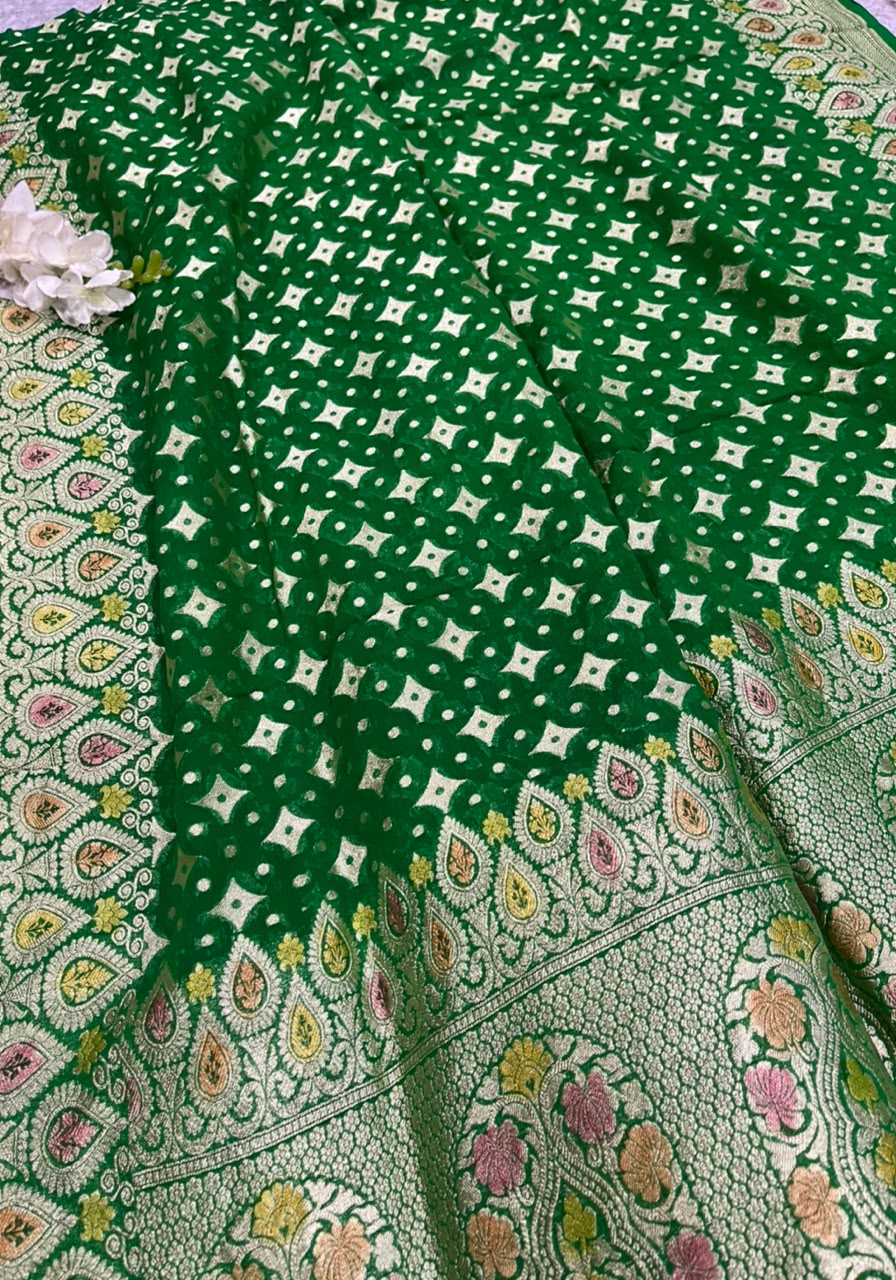 Green Banarasi Handloom Pure Chiffon Georgette Dupatta