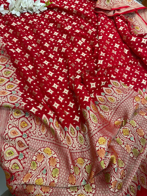 Red Banarasi Handloom Pure Chiffon Georgette Dupatta