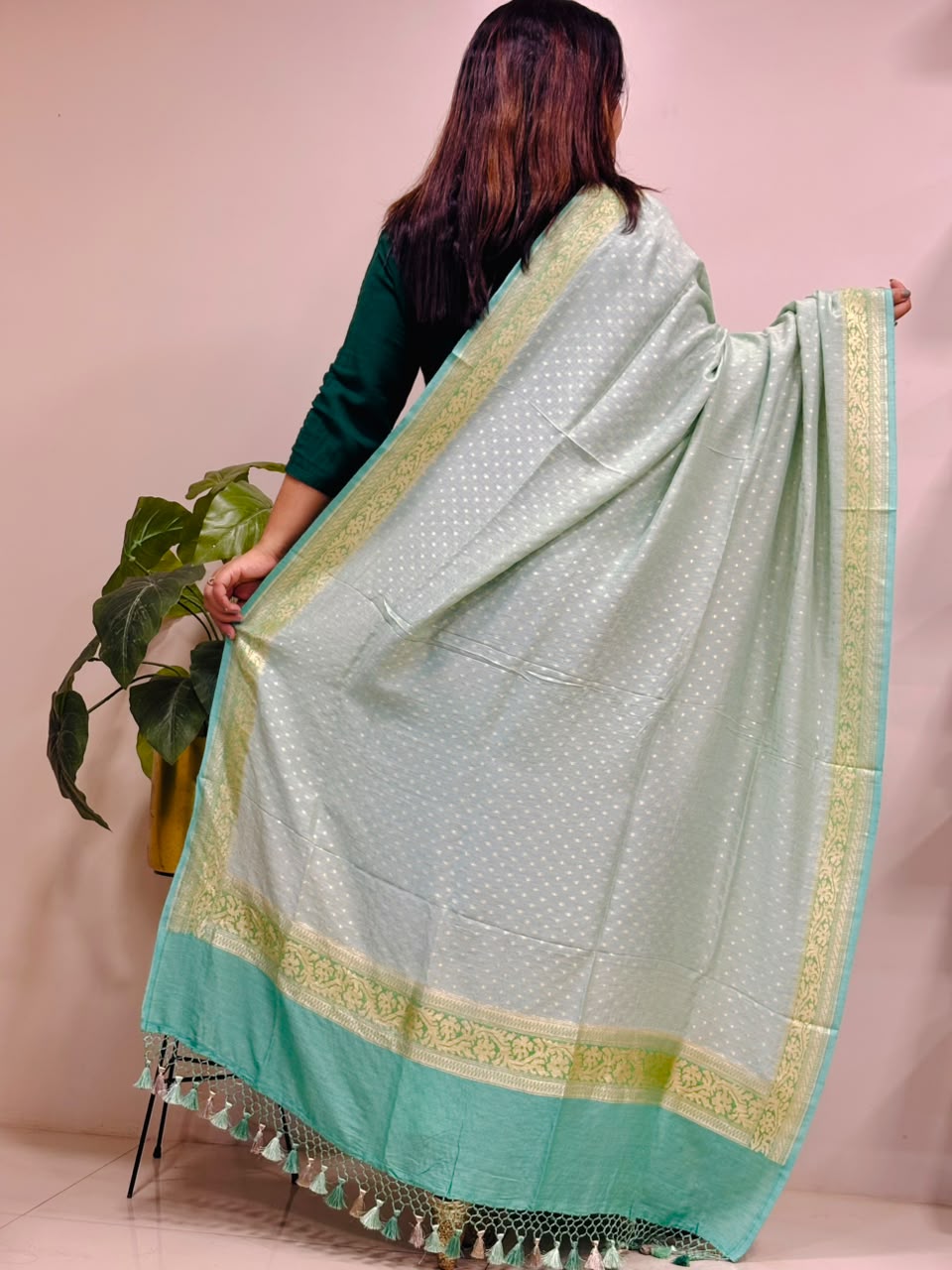Blue Banarasi Handloom Pure Moonga Silk Brush Dye Dupatta