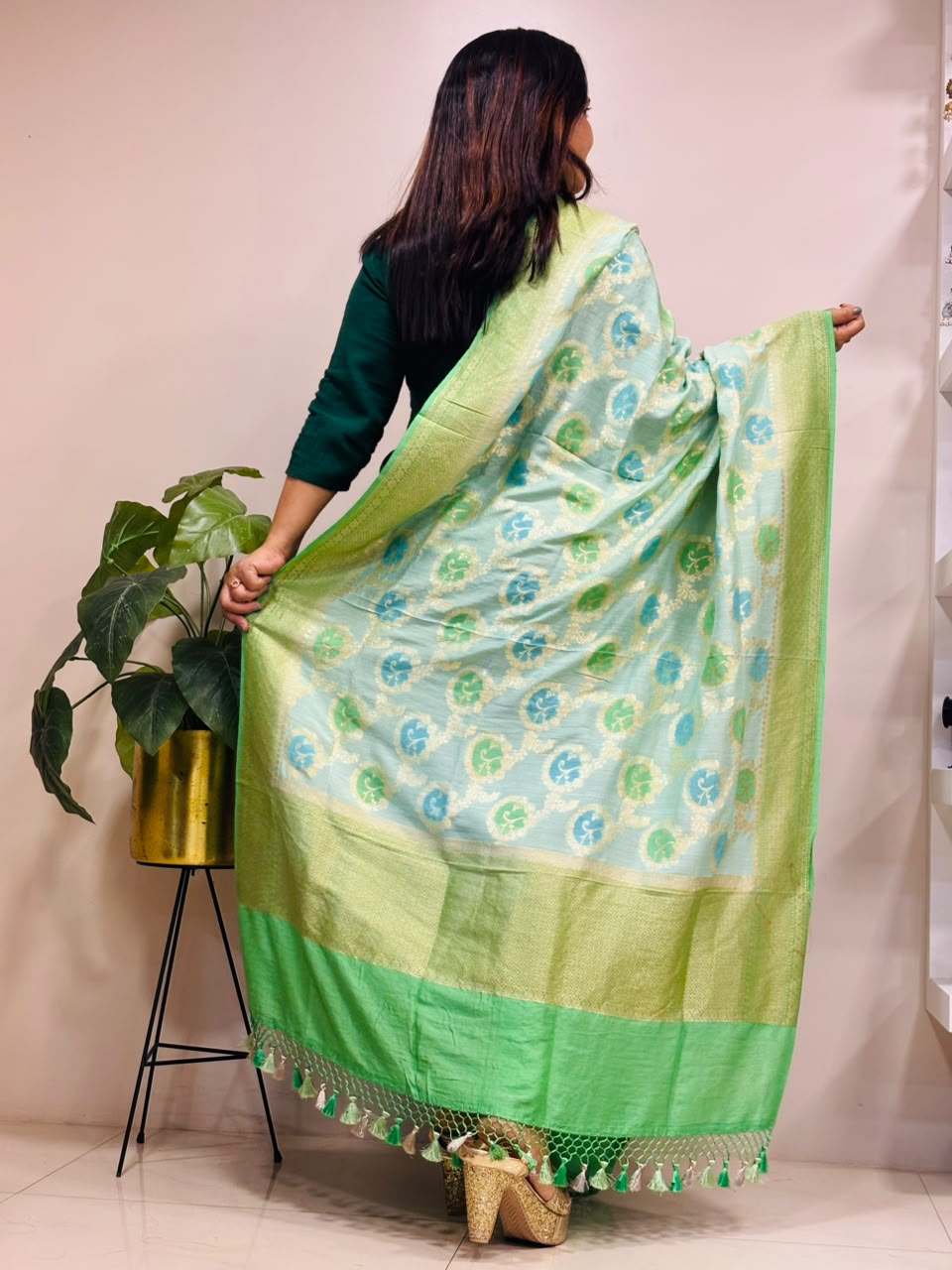 Blue Banarasi Handloom Pure Moonga Silk Brush Dye Dupatta