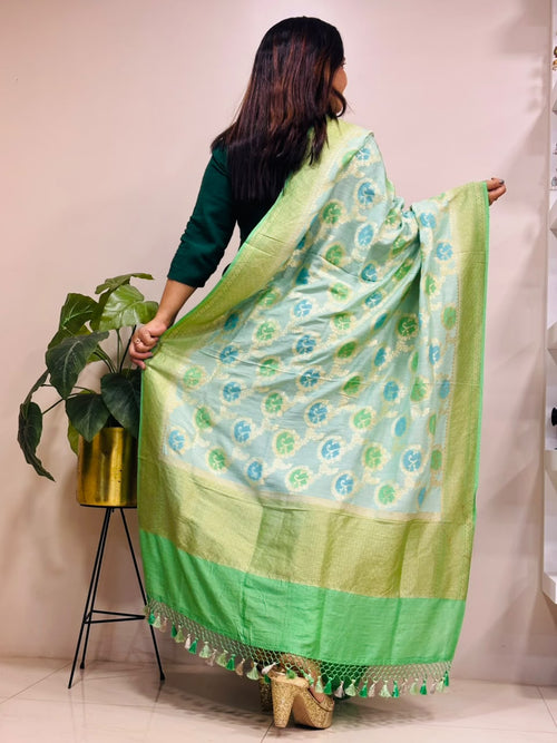 Blue Banarasi Handloom Pure Moonga Silk Brush Dye Dupatta
